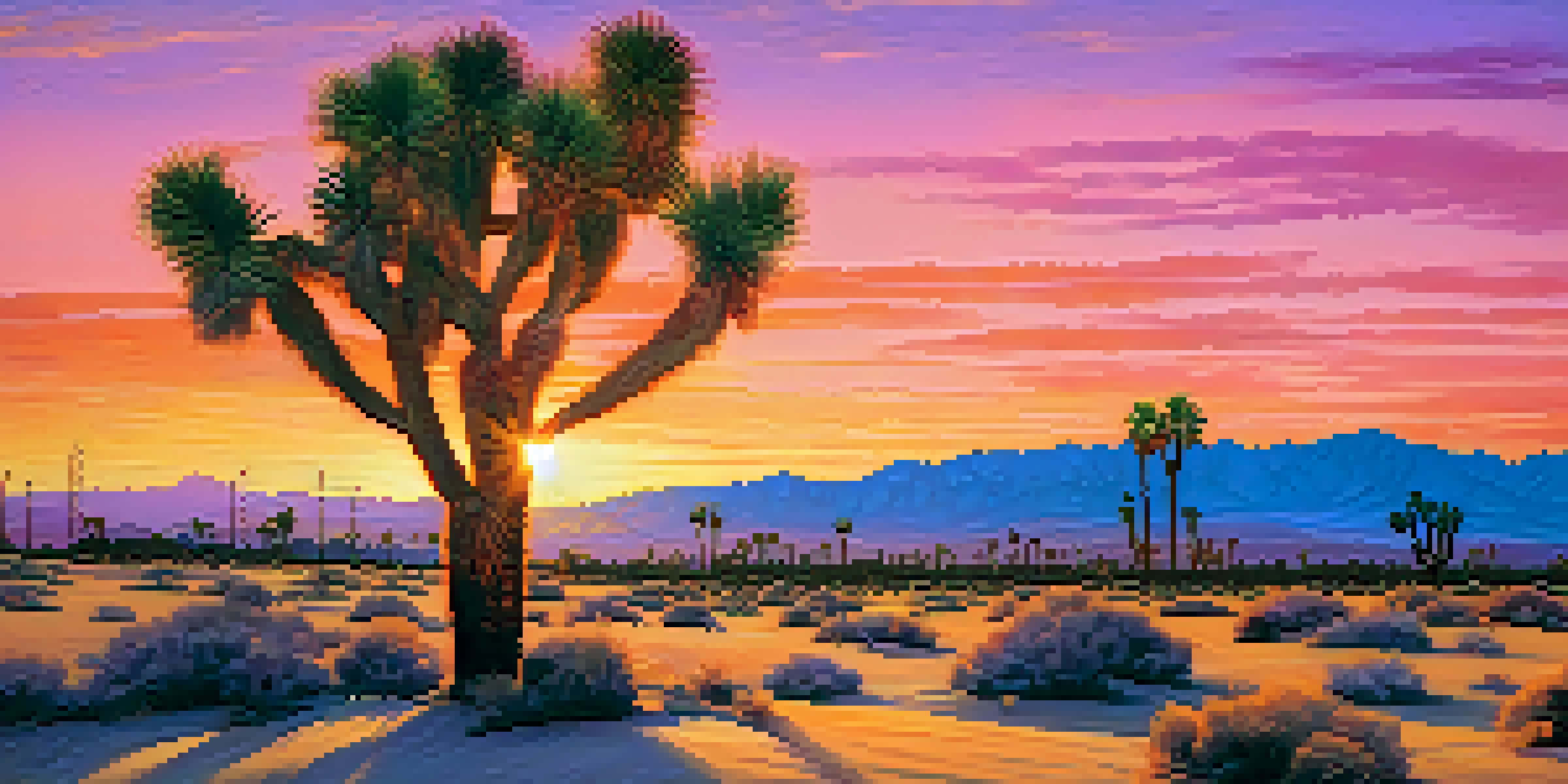 A vibrant sunset over the Palm Springs desert with a Joshua tree in the foreground and colorful sky.