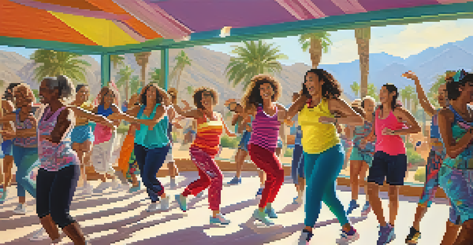 A diverse group of people dancing energetically in a Zumba class, with colorful outfits and bright decor.