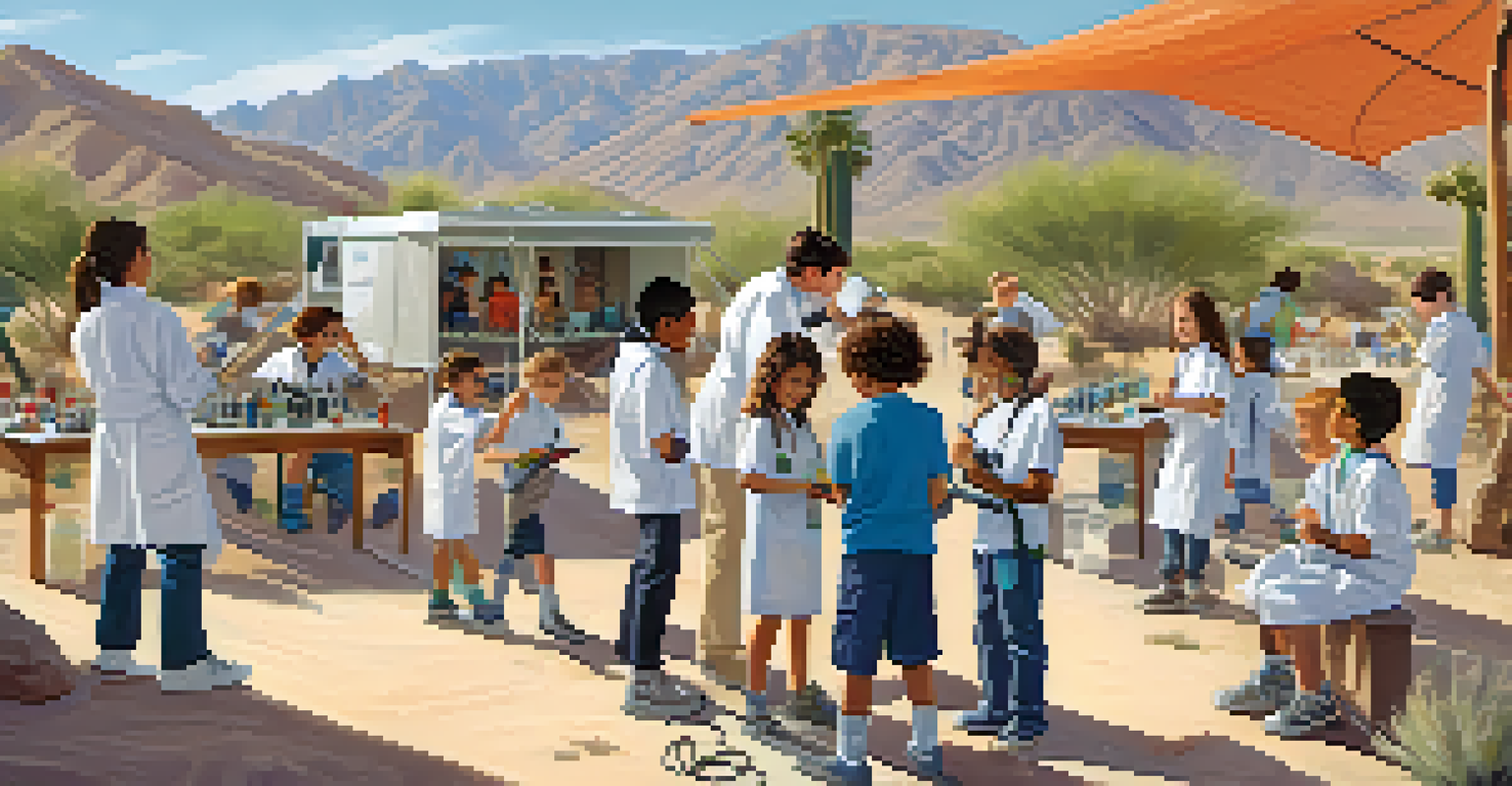 Children participating in a science camp in Palm Springs, conducting experiments under the sun with desert mountains in the background.