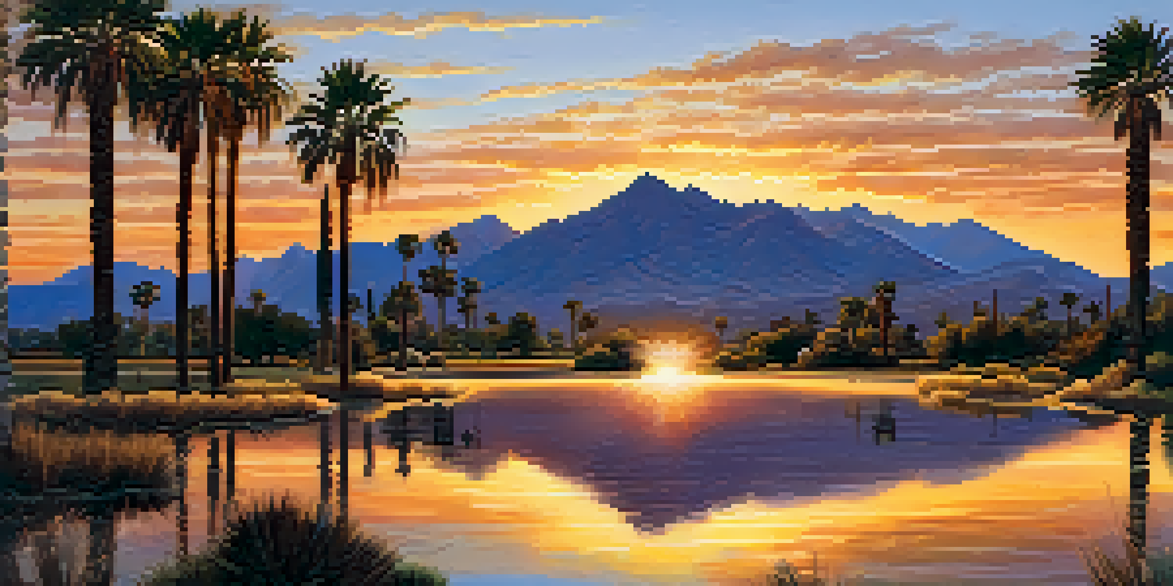 A stunning sunrise with golden hues over the San Jacinto Mountains, silhouetted palm trees in the foreground.