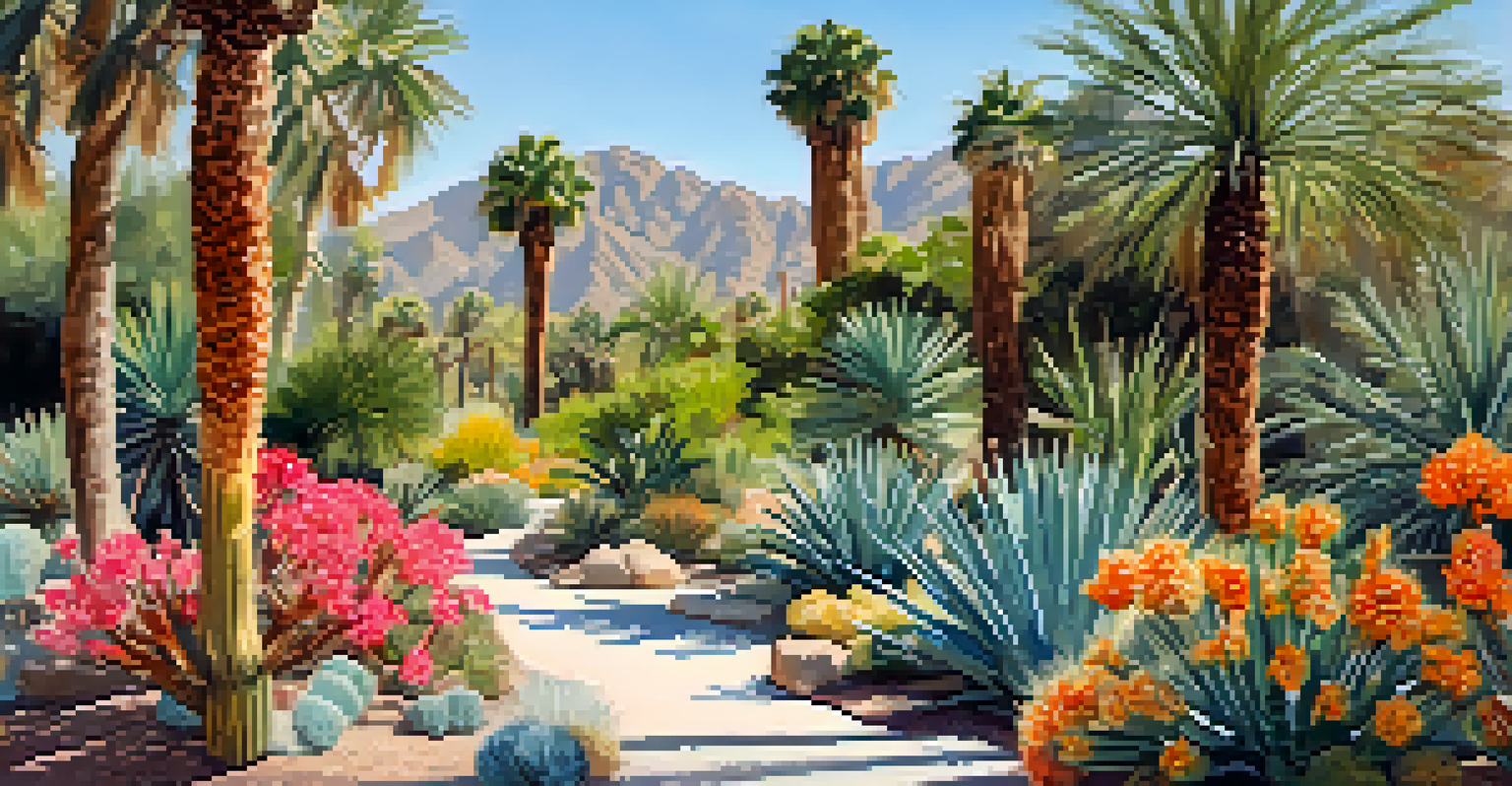 A beautiful view of the Moorten Botanical Garden in Palm Springs with visitors walking among diverse desert plants and bright blue skies.
