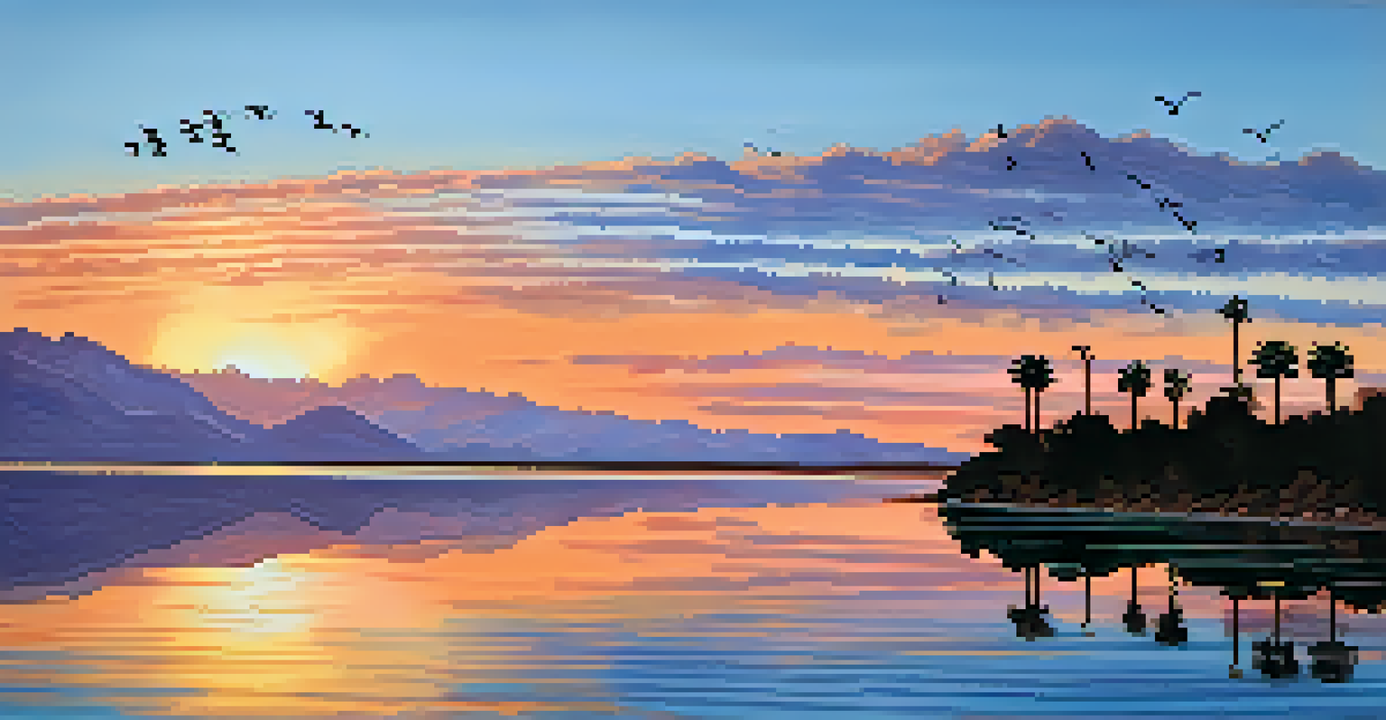 A peaceful sunset over the Salton Sea with palm trees and a bird in flight, creating a serene atmosphere.