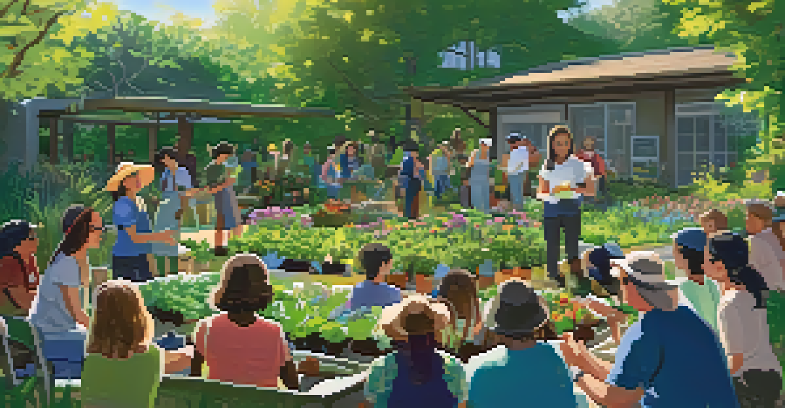 A community gardening workshop with participants learning about sustainable practices in a vibrant garden under the sun.