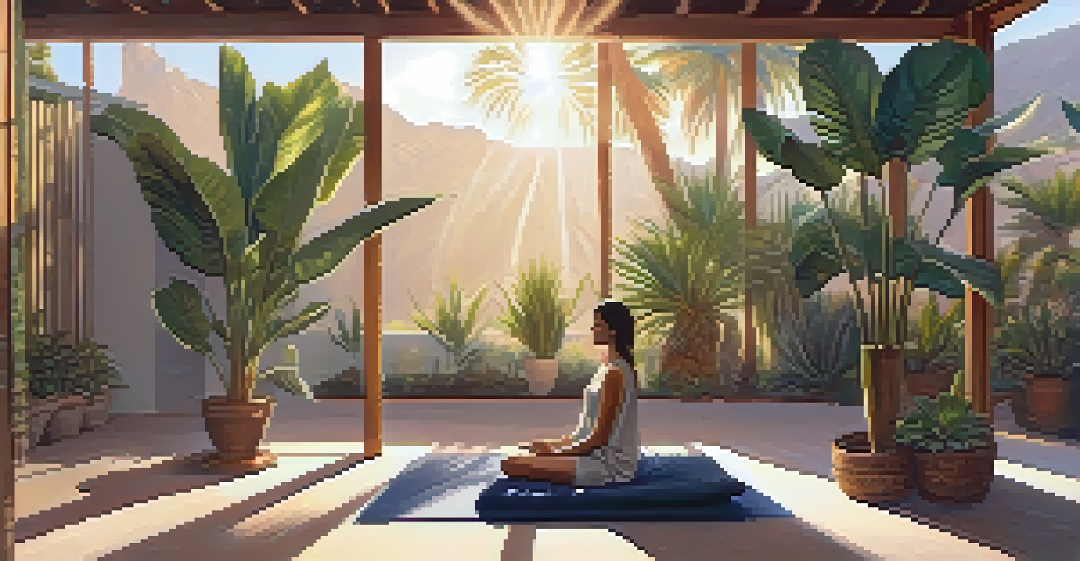 A participant meditating in a calm retreat setting in Palm Springs, surrounded by candlelight and plants, with sunlight filtering through leaves.