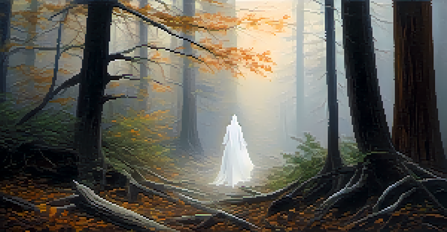 A ghostly woman in white walking through a misty forest with tall trees and soft light.