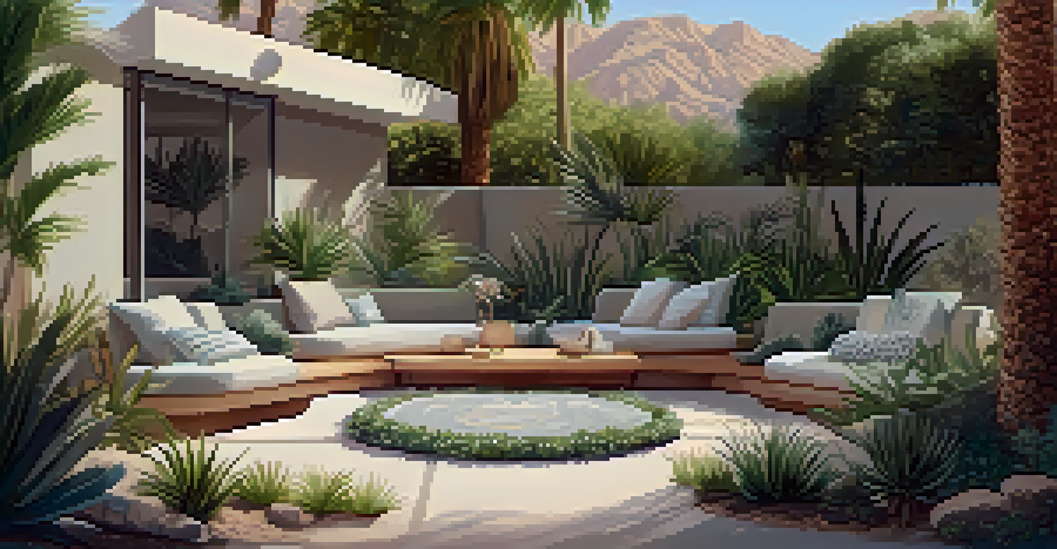 A serene outdoor meditation space with cushions and blankets surrounded by greenery in Palm Springs.