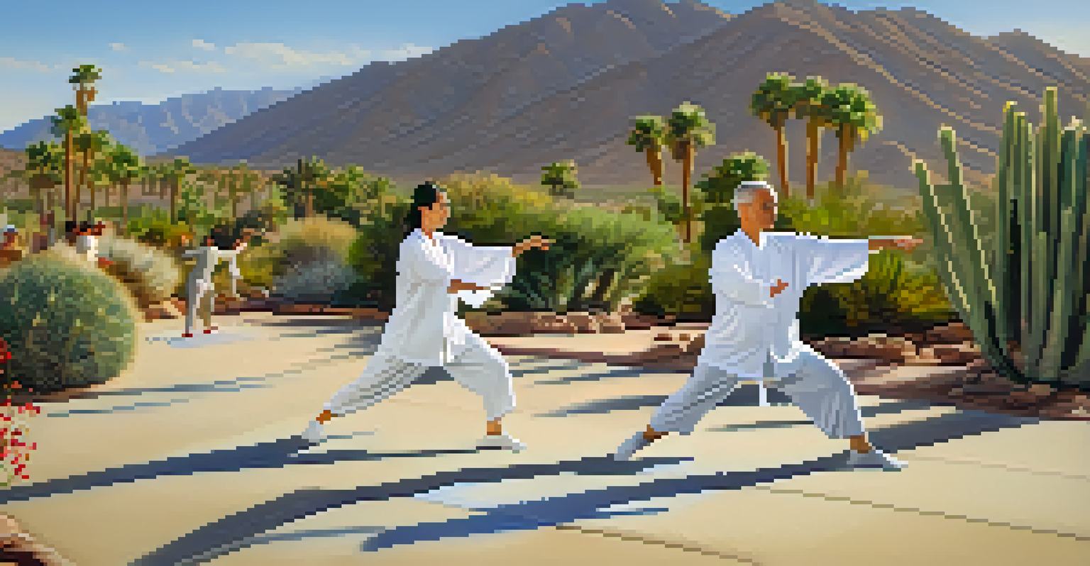 Participants practicing Tai Chi in a serene desert setting, moving slowly and gracefully under soft morning light.