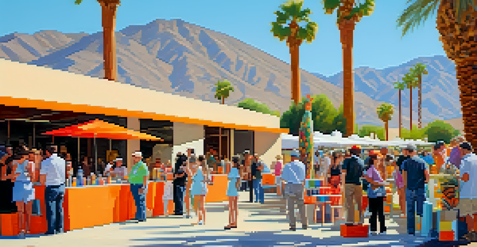 An outdoor art fair with colorful booths and recycled sculptures, set against a sunny Palm Springs backdrop with palm trees.