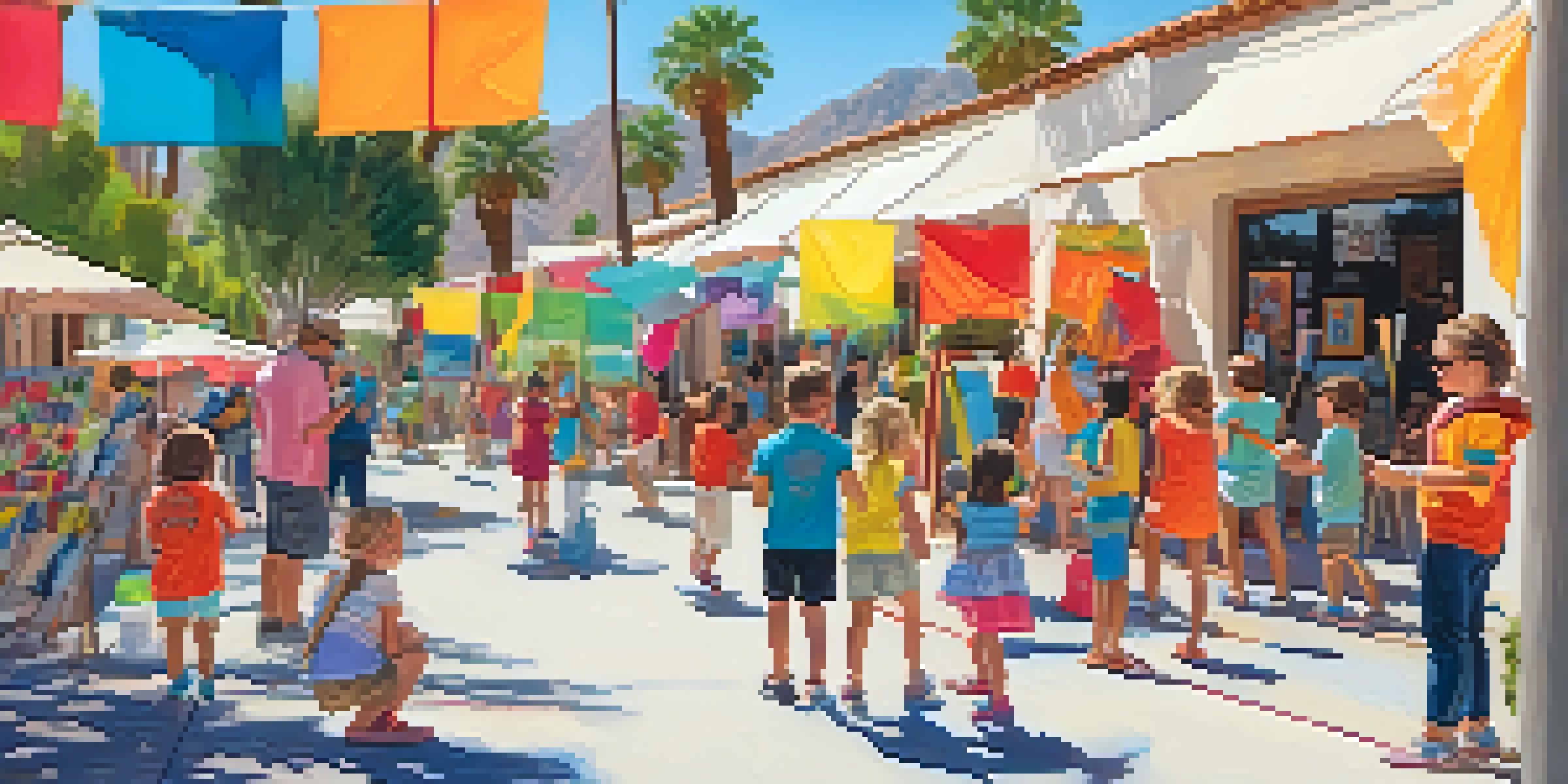 Children engaged in painting activities next to local artists at an art walk, with bright colors and a festive atmosphere.