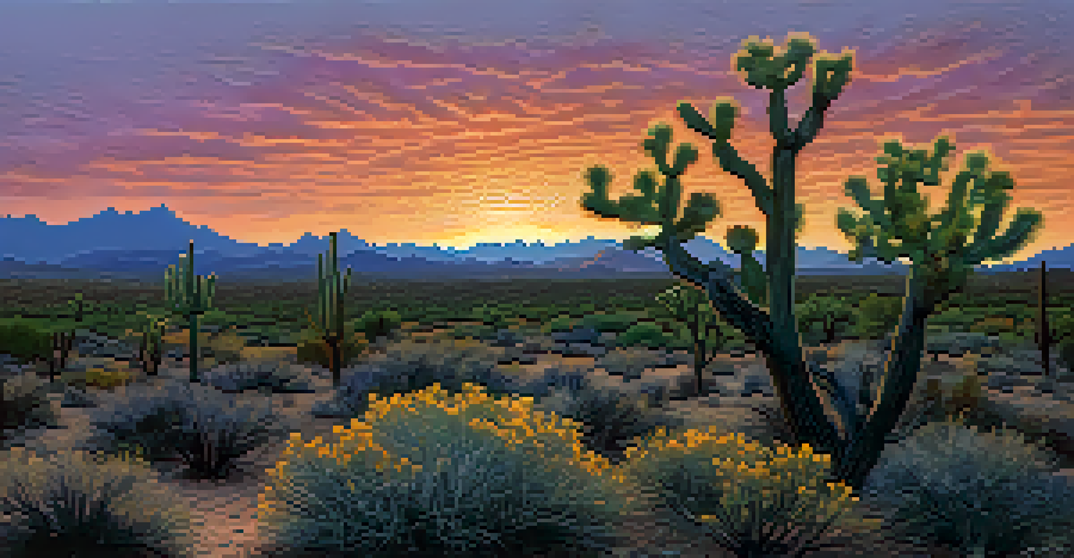 A dusk view of the Sonoran Desert featuring a Creosote Bush and a colorful sky transitioning from orange to purple.