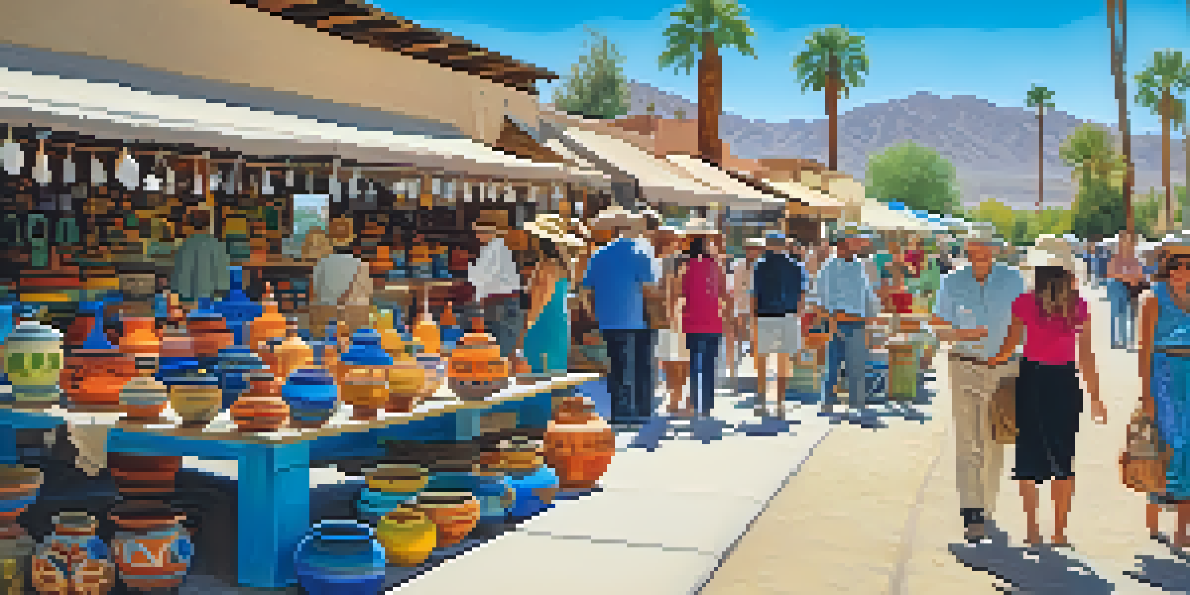 A lively artisan market in Palm Springs featuring colorful pottery and textiles, with artisans engaging with visitors under a clear blue sky.