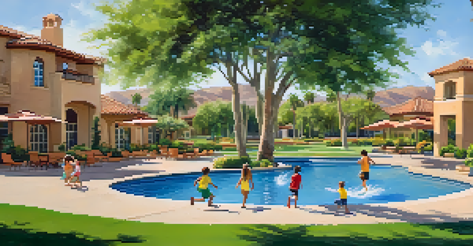 Children playing and a dog running on green grounds near a resort's pool area under a sunny sky.