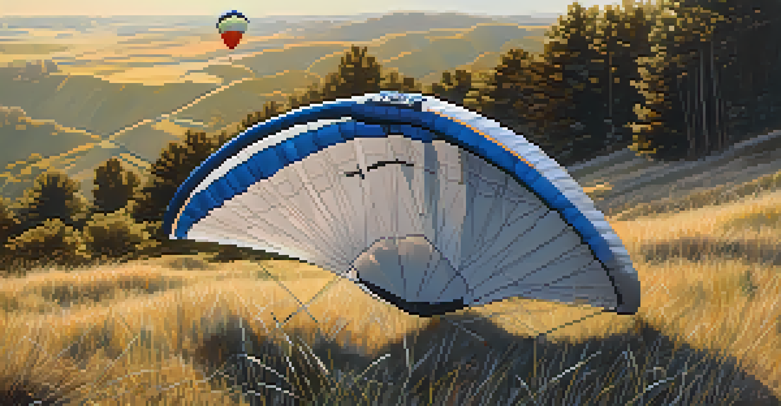 A detailed view of a paragliding wing and harness on the ground, with natural surroundings in soft morning light.