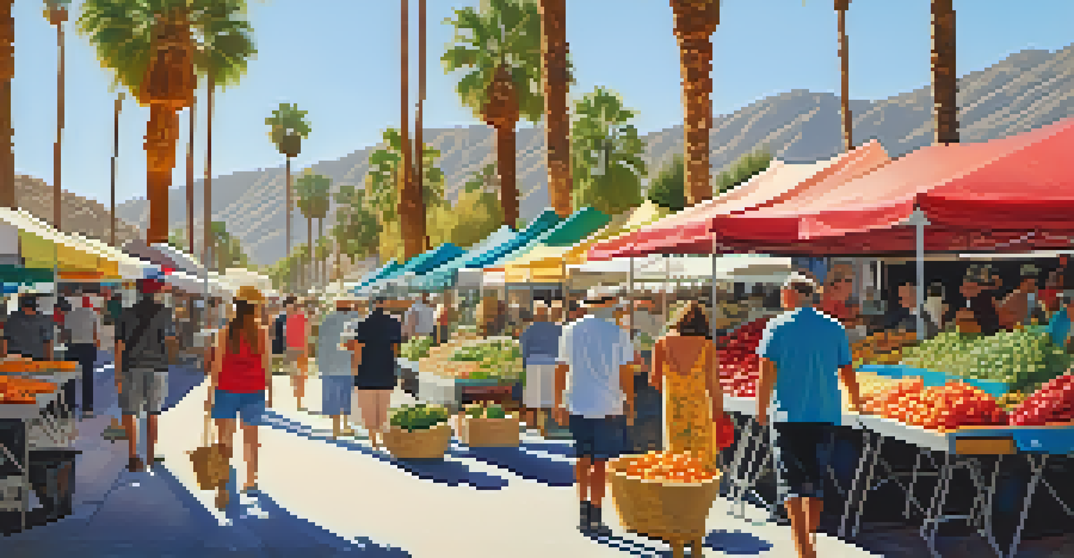 A lively farmers market with colorful produce and handmade goods, set under palm trees with people enjoying the vibrant atmosphere.