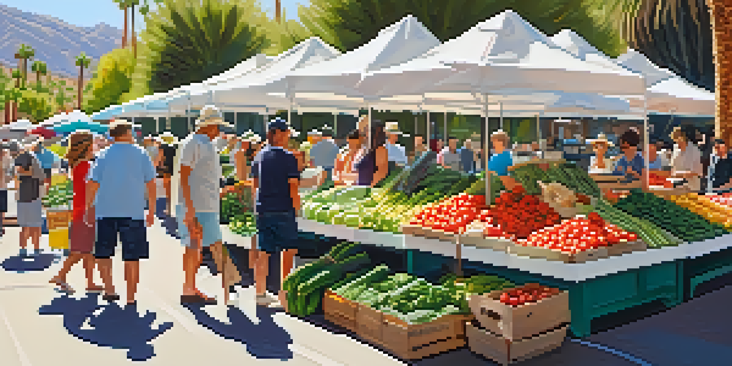 A lively farmers' market with stalls of fresh vegetables and fruits, local farmers engaging with customers under warm sunlight in Palm Springs.