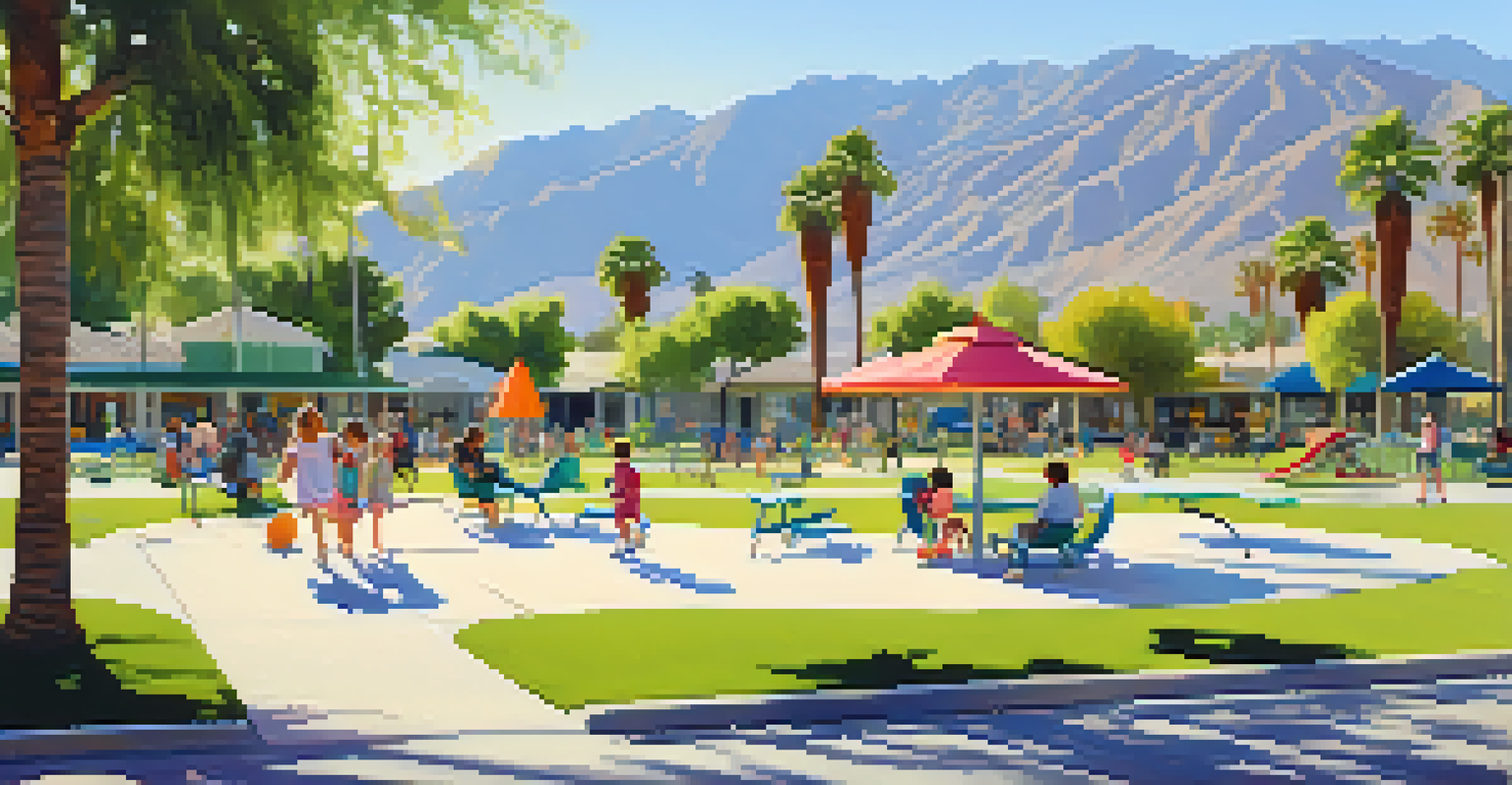 A family-friendly park in Palm Springs with children playing on a playground and adults relaxing.
