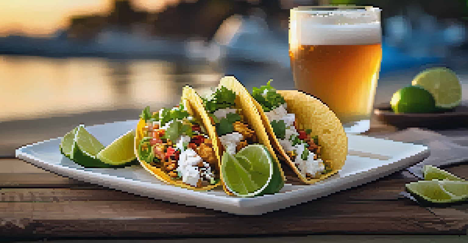 A close-up of fish tacos with a lime, paired with a chilled pale ale on a wooden table during sunset.