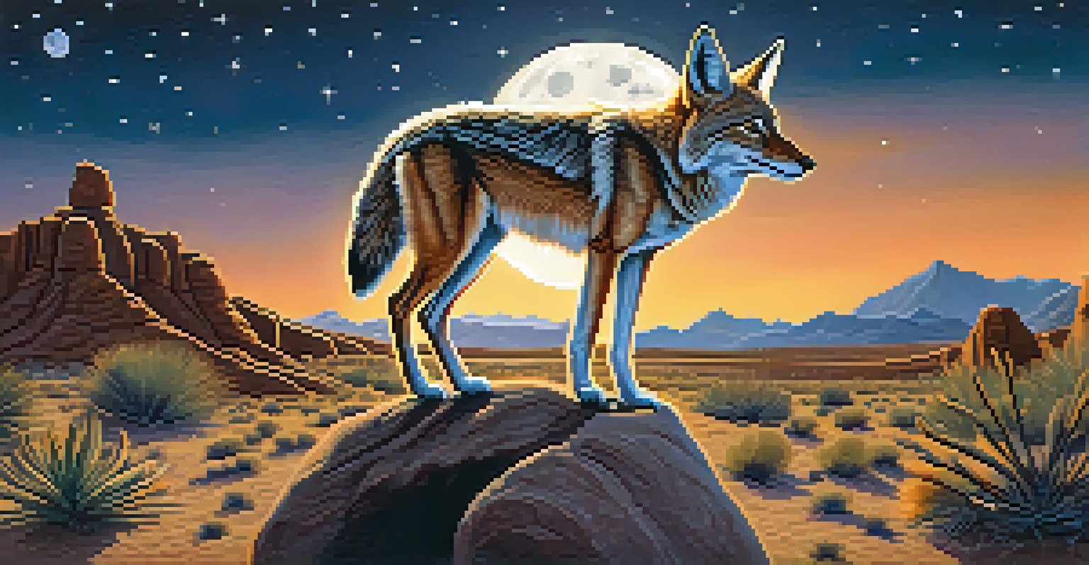 Coyote character standing on a rock in the desert at night, surrounded by other desert animals under a starry sky.