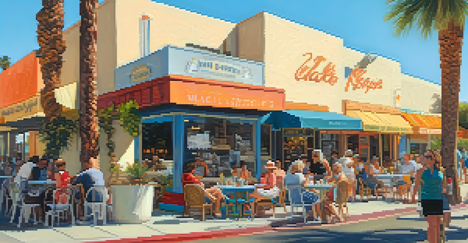 A busy street corner in Palm Springs with artistic installations and colorful banners, featuring people interacting with the art and a café in the background.