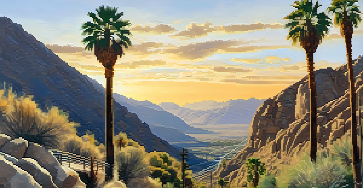 Families hiking along the Palm Springs Aerial Tramway trail, with palm trees and stunning views of the desert valley.