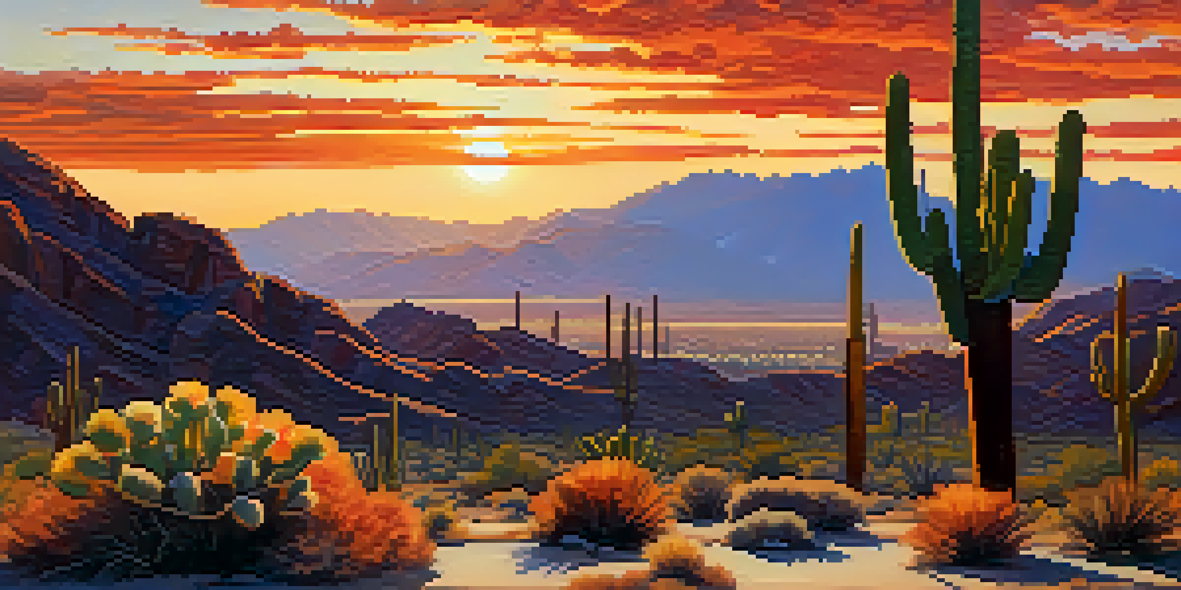 A scenic view of the Palm Springs desert at golden hour, with colorful skies and silhouetted cacti.