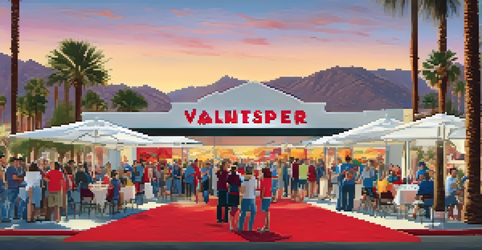 Volunteers assisting at the Palm Springs International Film Festival with a red carpet and movie posters in the background.