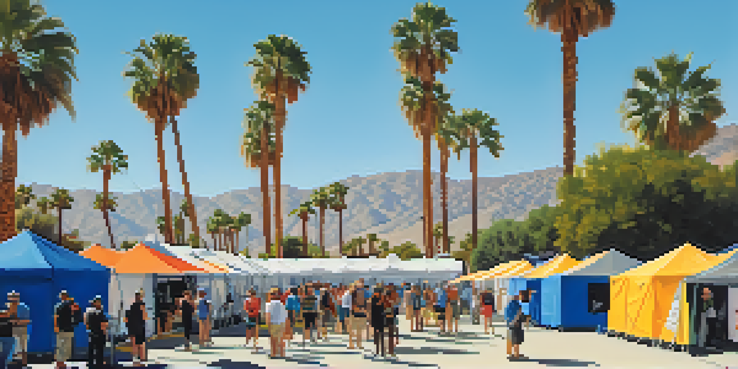 Photographers of various backgrounds participating in workshops at the Palm Springs Photo Festival, surrounded by colorful tents and palm trees.