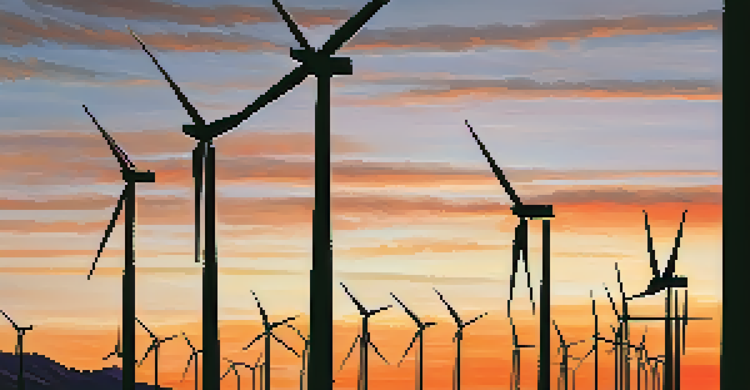 Silhouetted windmills against a colorful sunset sky, showcasing the contrast between nature and engineering.