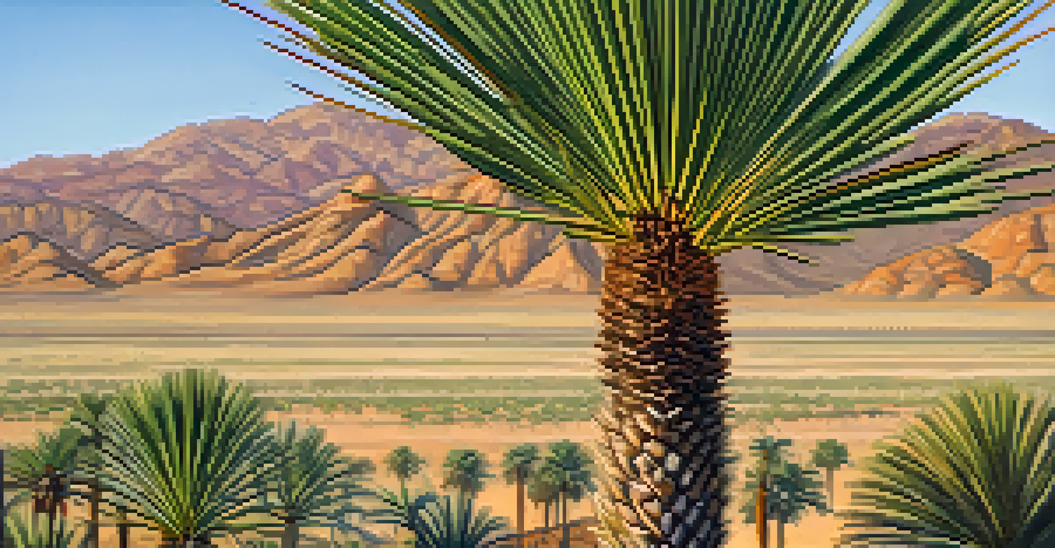 A close-up view of a California Fan Palm with lush fronds in the desert, with distant mountains and a Gambel's quail foraging nearby.