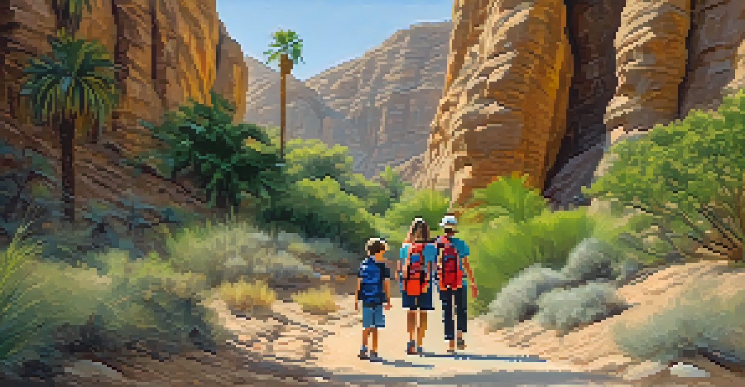 A family hiking on the Andreas Canyon Trail surrounded by palm trees and rock formations.