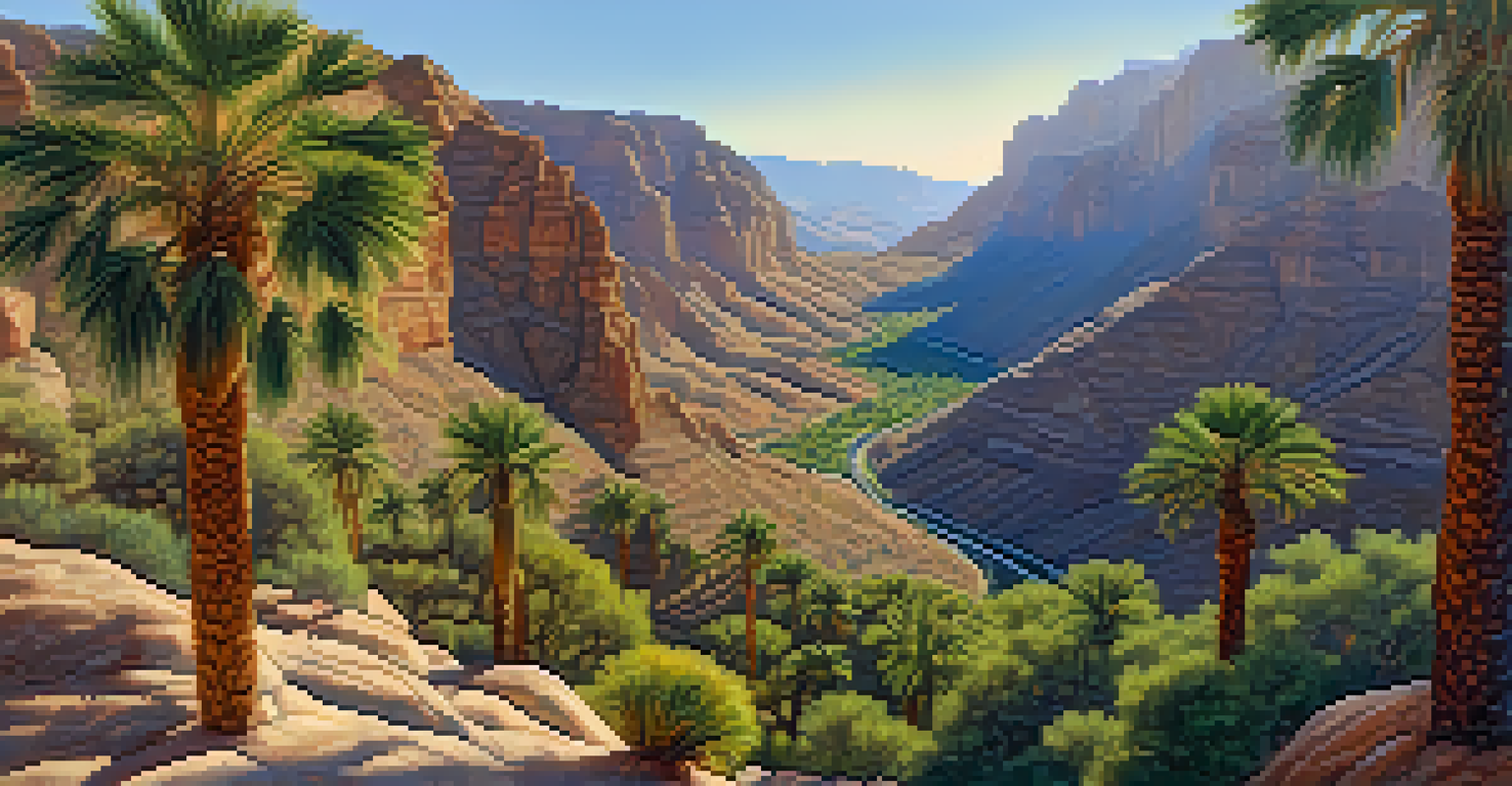 A scenic view of the Indian Canyons with palm trees and hiking trails under a bright sky.