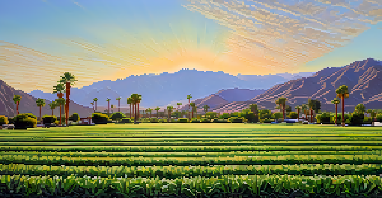 A close-up of a field of cover crops in Palm Springs, highlighting the green plants and soil textures.