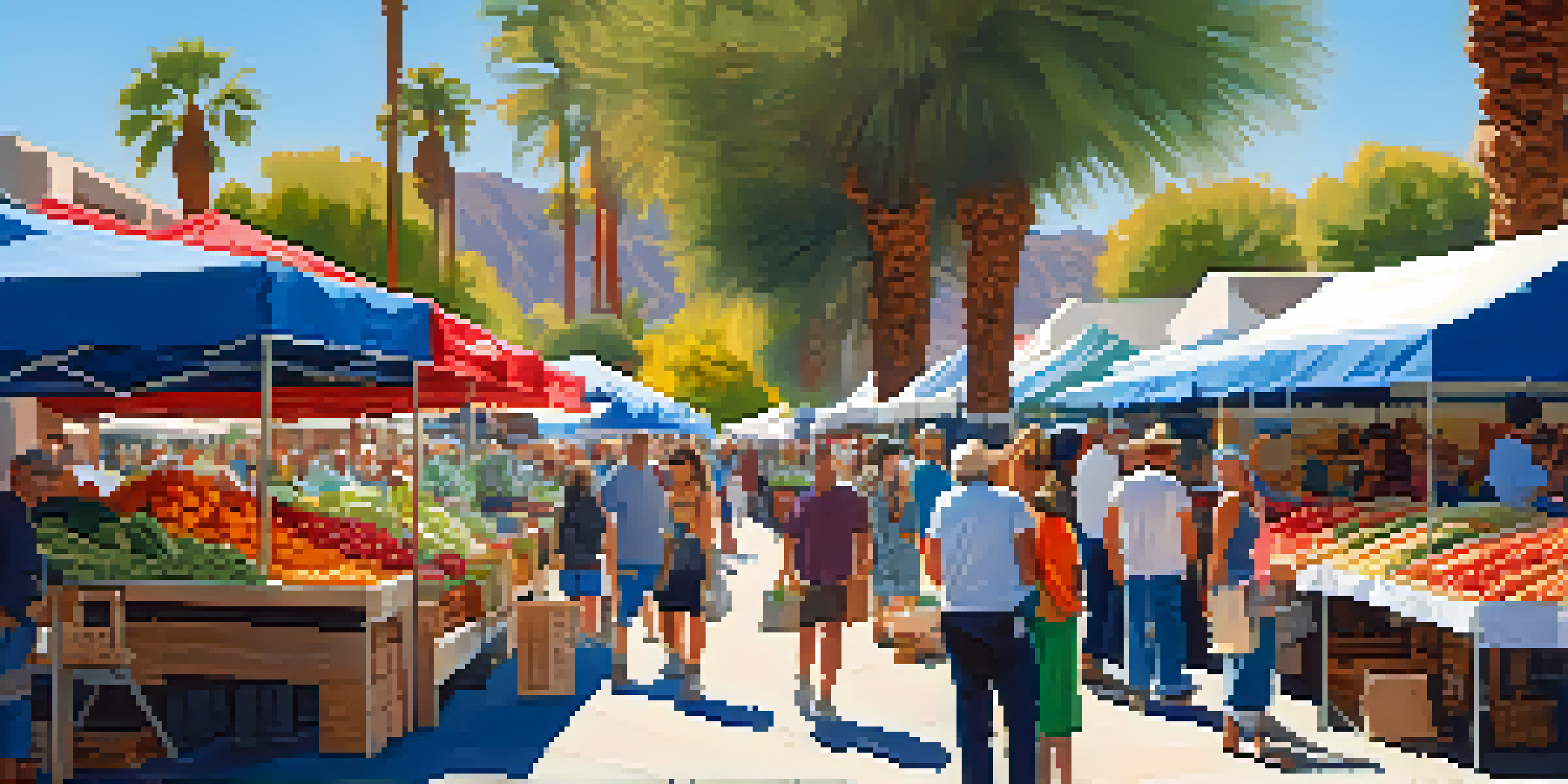 A lively farmers' market in Palm Springs with colorful stalls and fresh produce under a sunny sky.