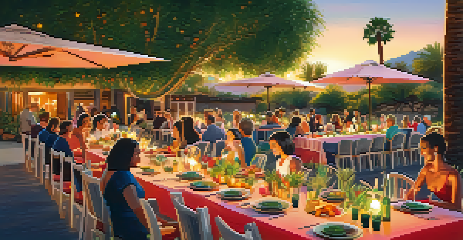 A lively outdoor dining scene featuring a farm-to-table meal with colorful dishes, surrounded by palm trees and a warm sunset atmosphere.