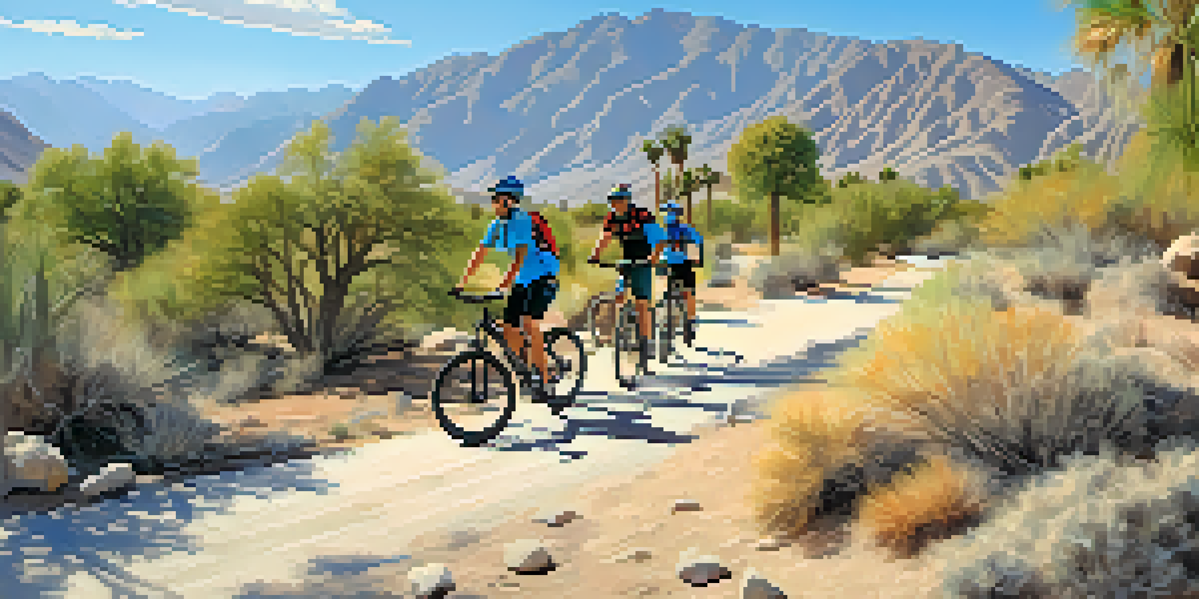 Mountain bikers enjoying a scenic ride along the Tahquitz Creek Trail in Palm Springs, surrounded by desert landscapes and mountains.