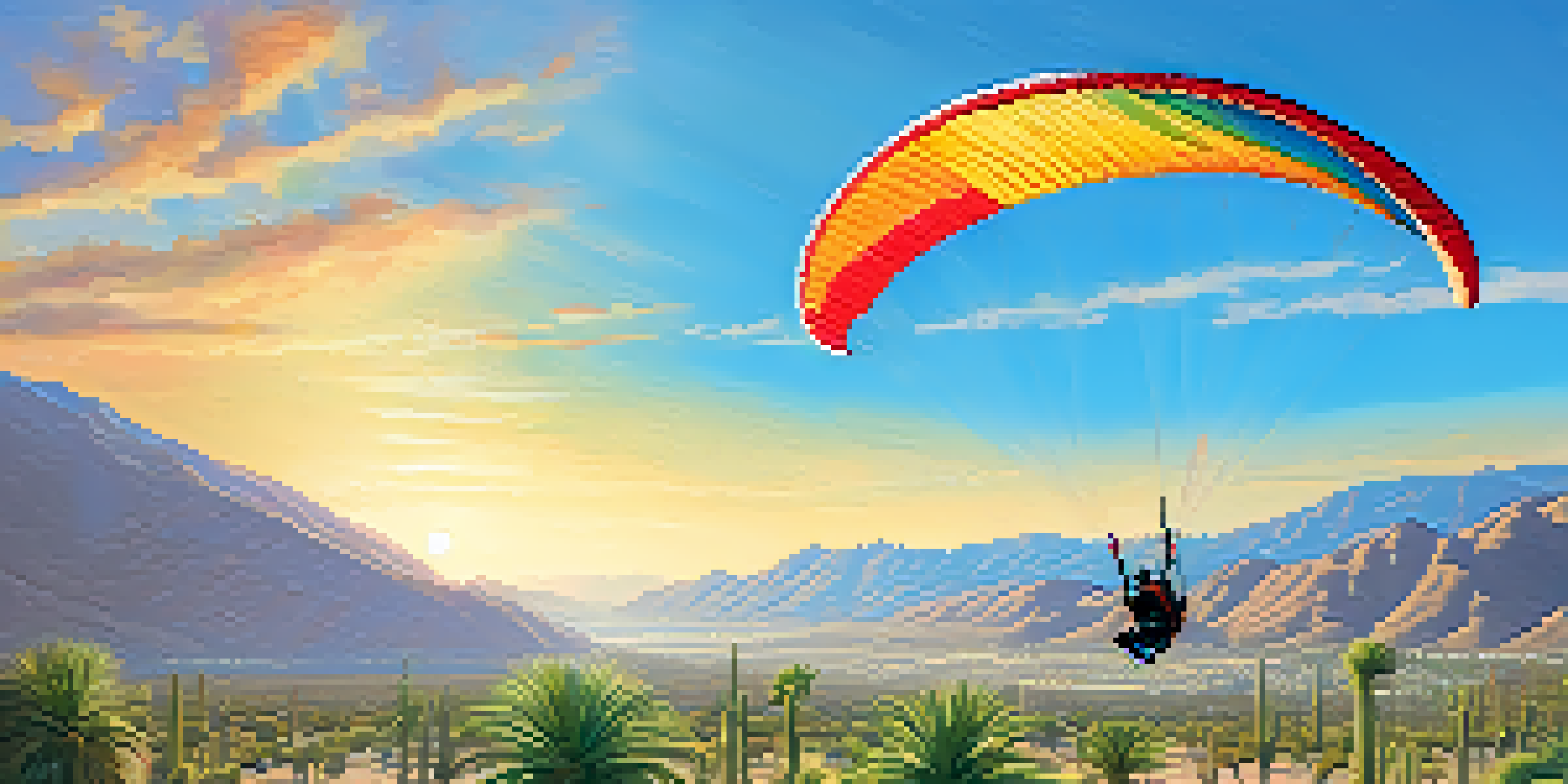 A colorful paraglider soaring over Palm Springs' desert landscape with clear skies and mountains in the background.