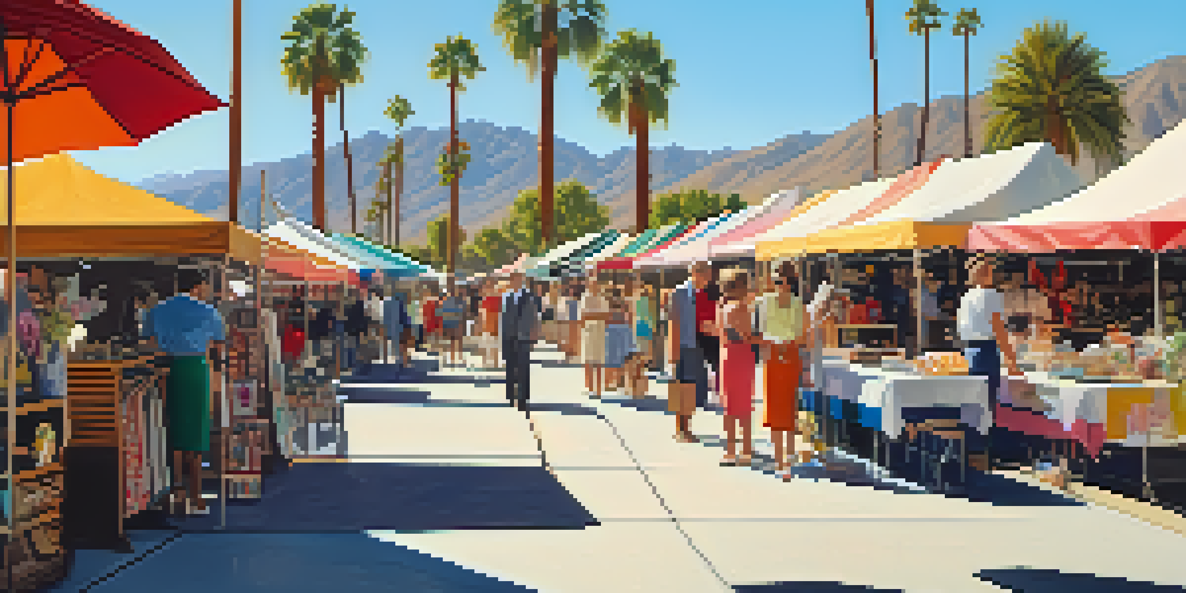 An outdoor vintage market in Palm Springs featuring colorful stalls with retro items, people browsing, and palm trees under a sunny sky.