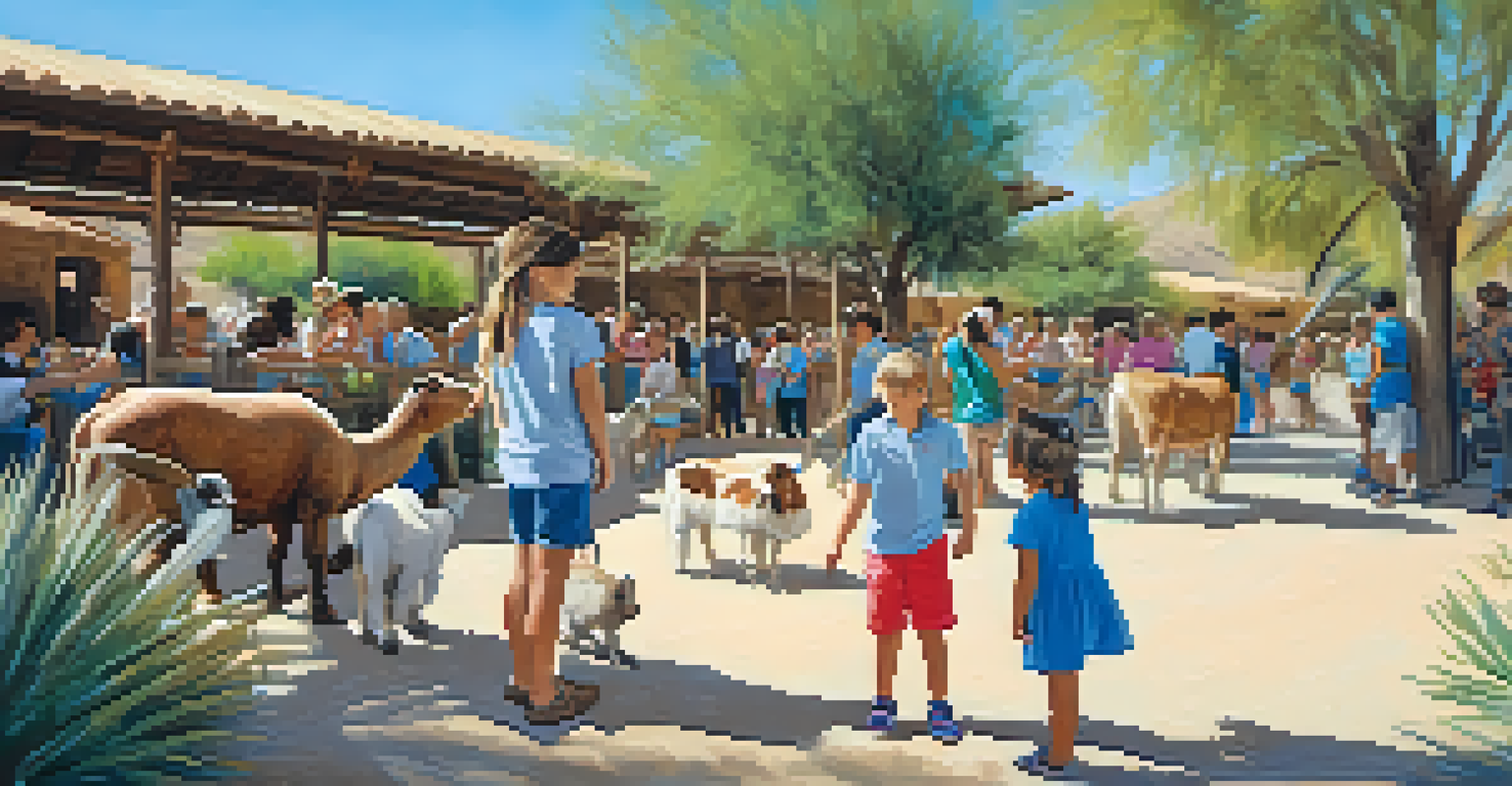 Children interacting with farm animals in a colorful petting zoo surrounded by desert plants.