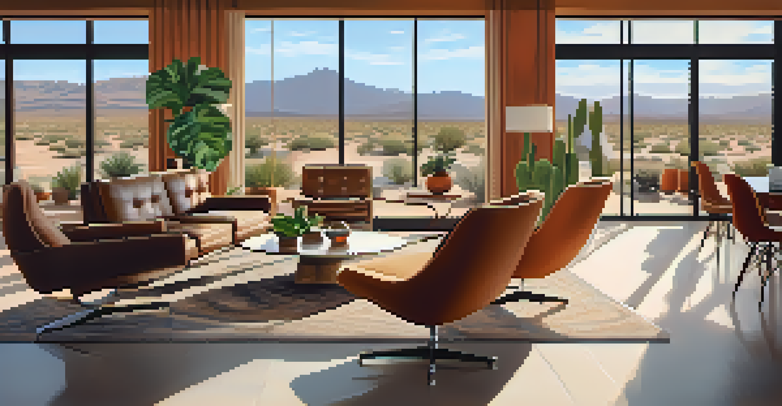 Cozy indoor lounge of a mid-century hotel with Eames chairs, plants, and large windows overlooking the desert.