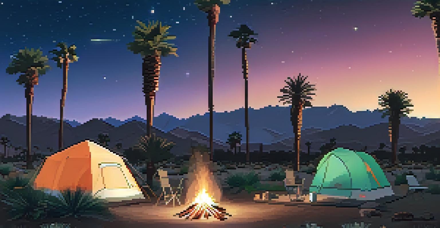 A camping site with tents among palm trees under a starry sky, featuring a campfire and an eco-friendly composting toilet.