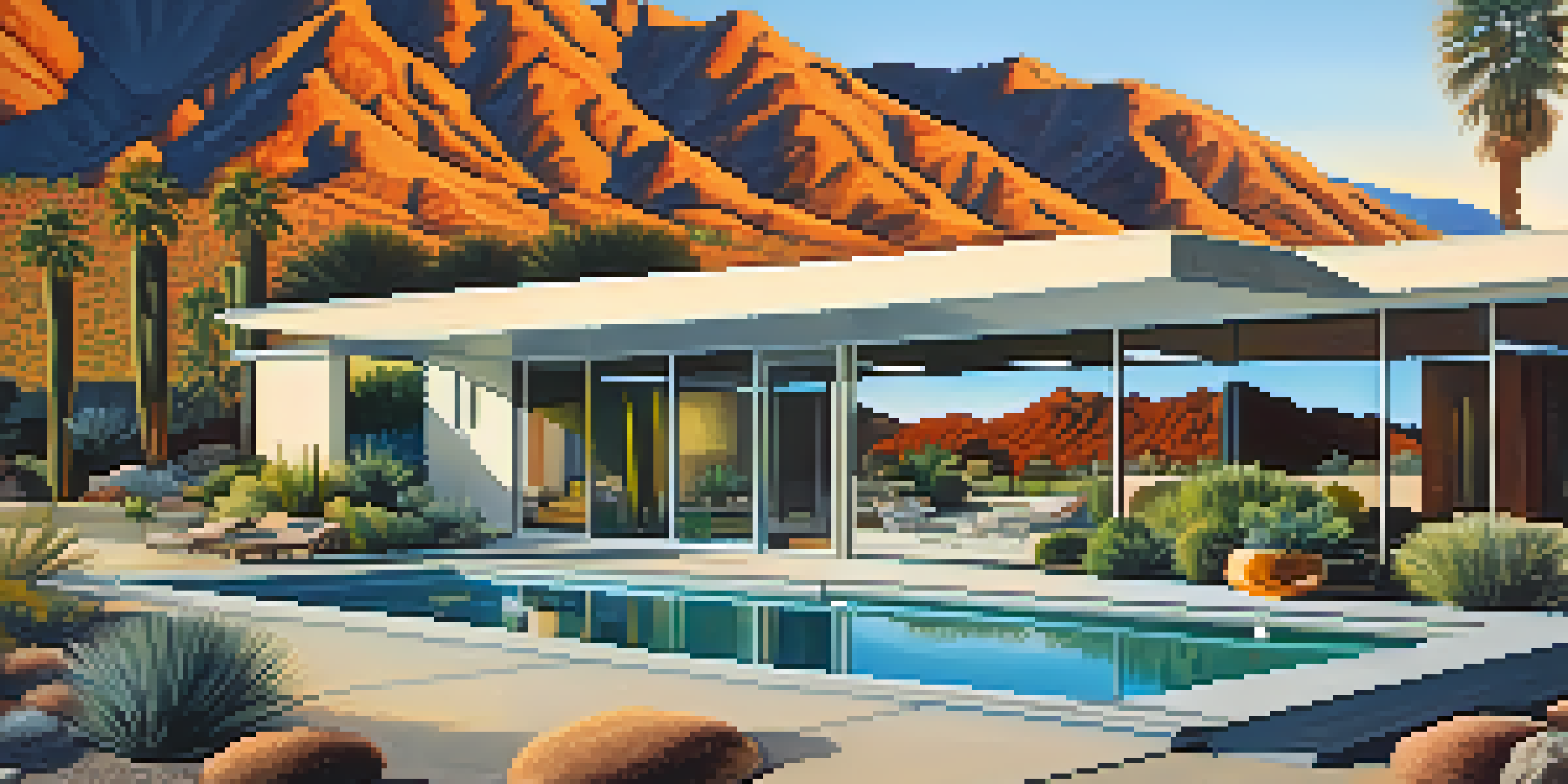 A Mid-Century Modern house with large glass windows and a pool, surrounded by desert landscape at sunset.
