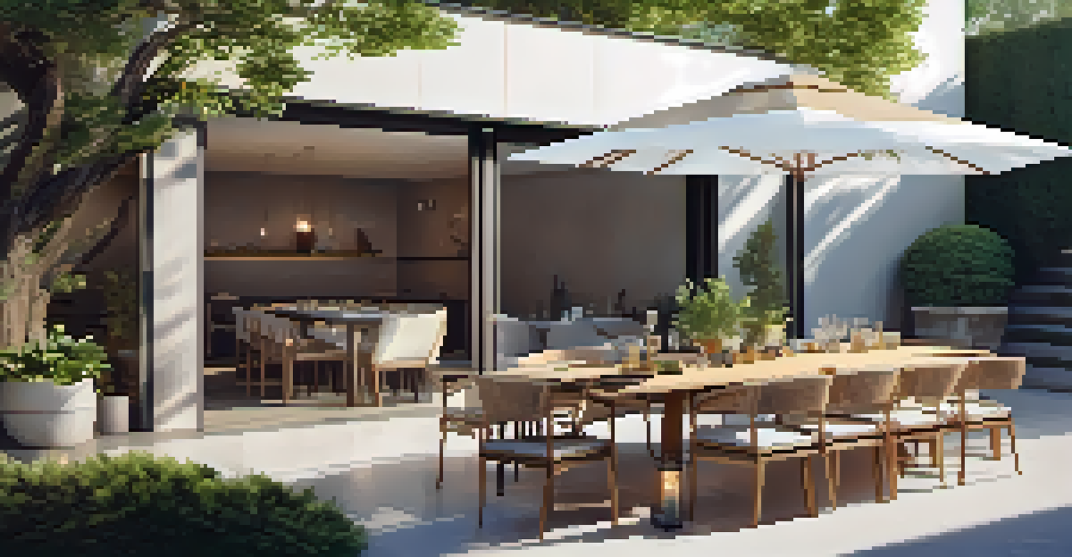 An outdoor dining area on a patio, featuring a built-in grill and modular seating, set up for a dinner party with vibrant tableware and dappled sunlight filtering through trees.