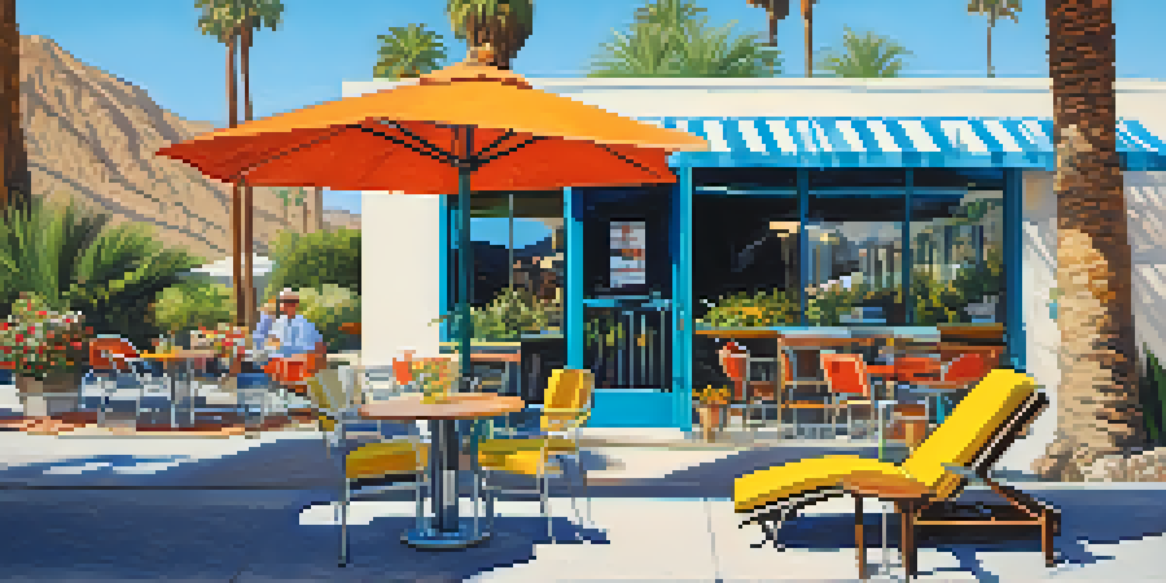 A sunny outdoor café in Palm Springs with a dog lounging by its owner's feet and palm trees in the background.