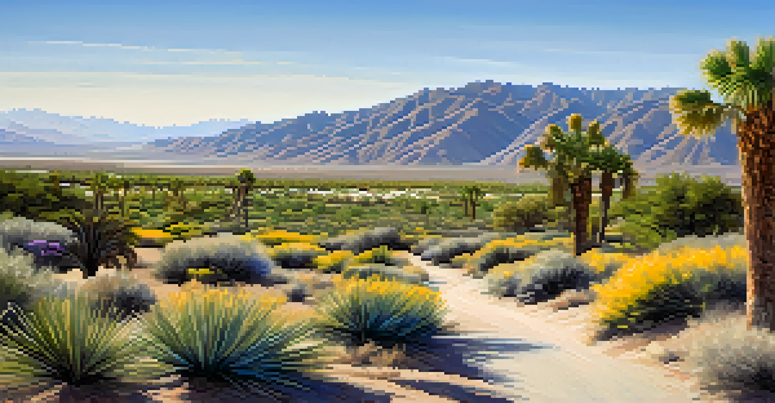 A beautiful view of the Coachella Valley Preserve, featuring desert plants and a winding trail under a clear blue sky.