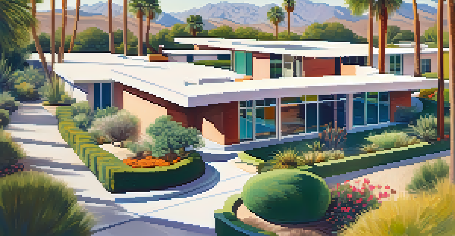 Aerial view of a mid-century modern home with geometric lines and colorful landscaping.