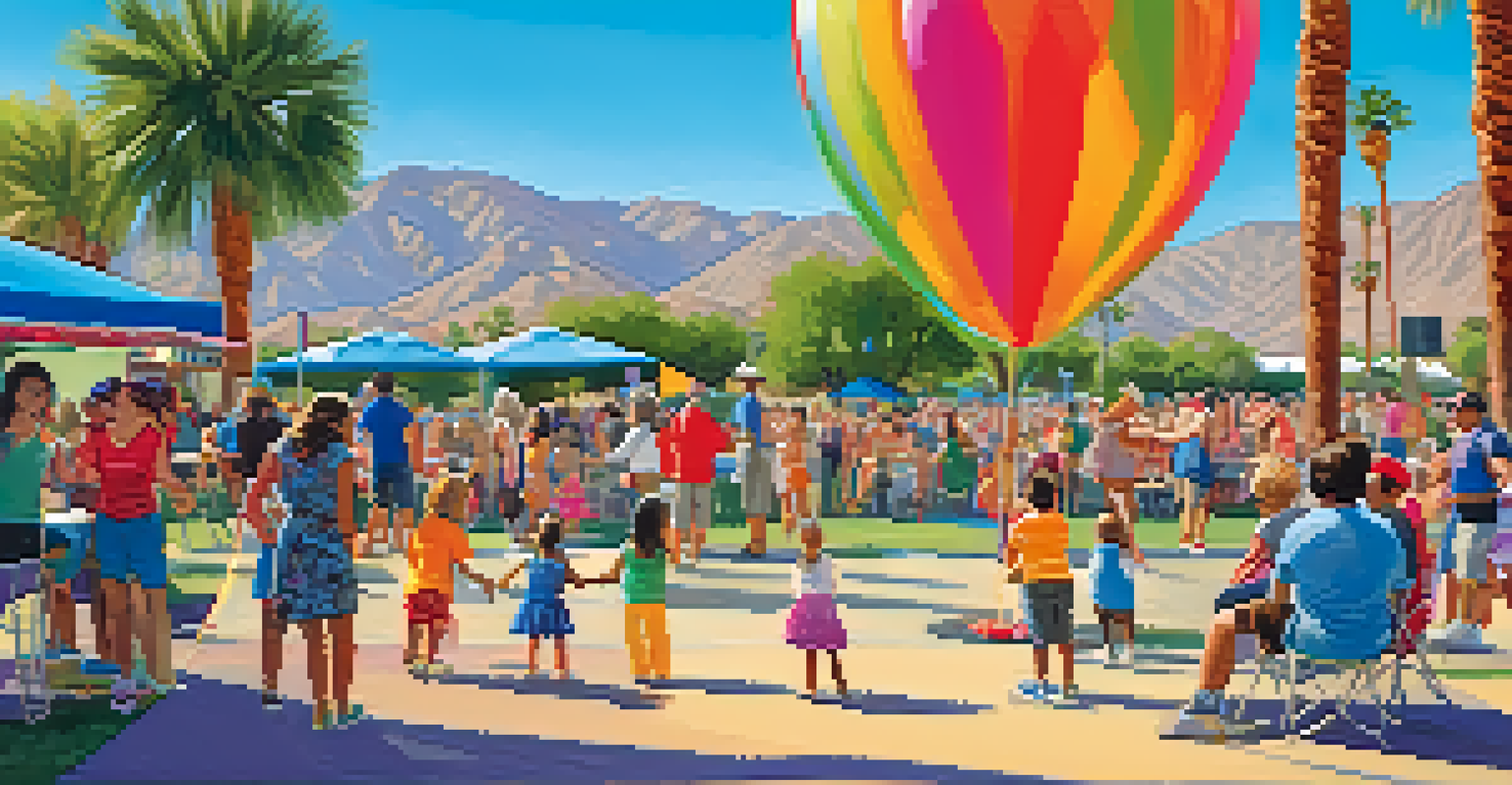 Families enjoying a music event in a Palm Springs park, with children dancing and colorful food trucks in the background.