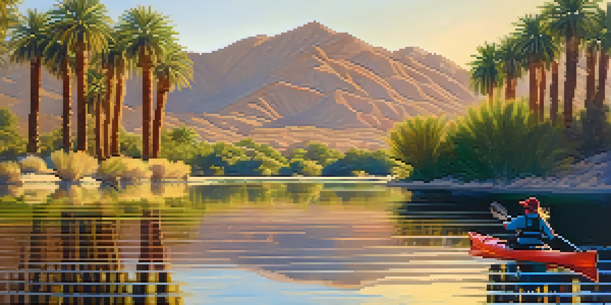 A kayaker paddling on calm waters with palm trees in the background and a bright blue sky above.