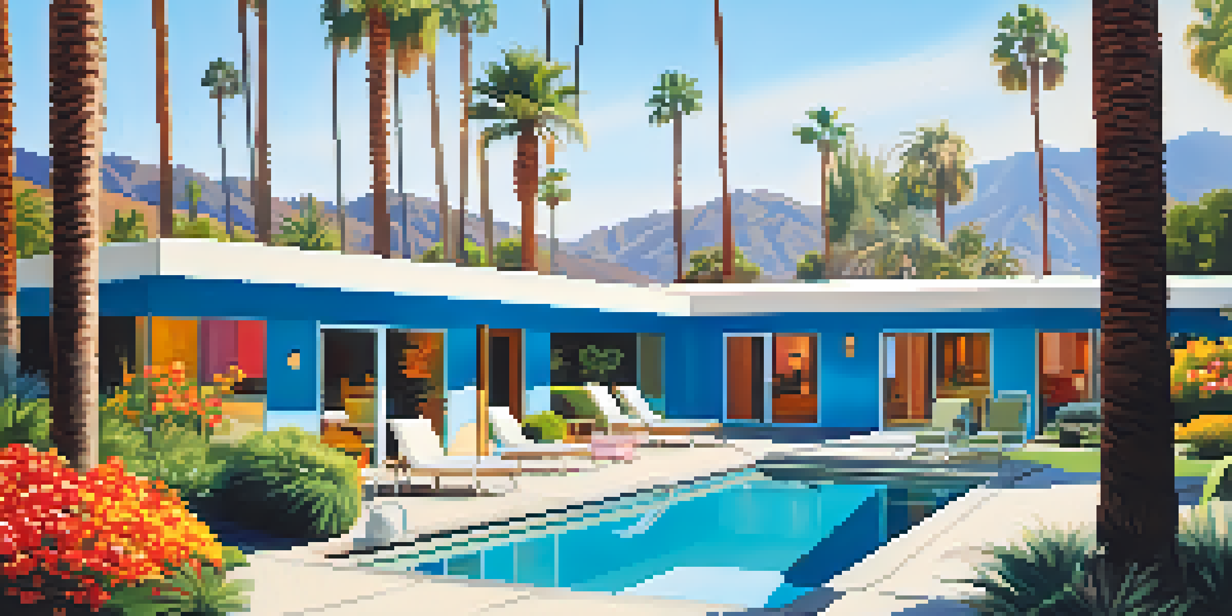 A vibrant view of the Parker Palm Springs hotel with mid-century architecture, lush gardens, and palm trees.