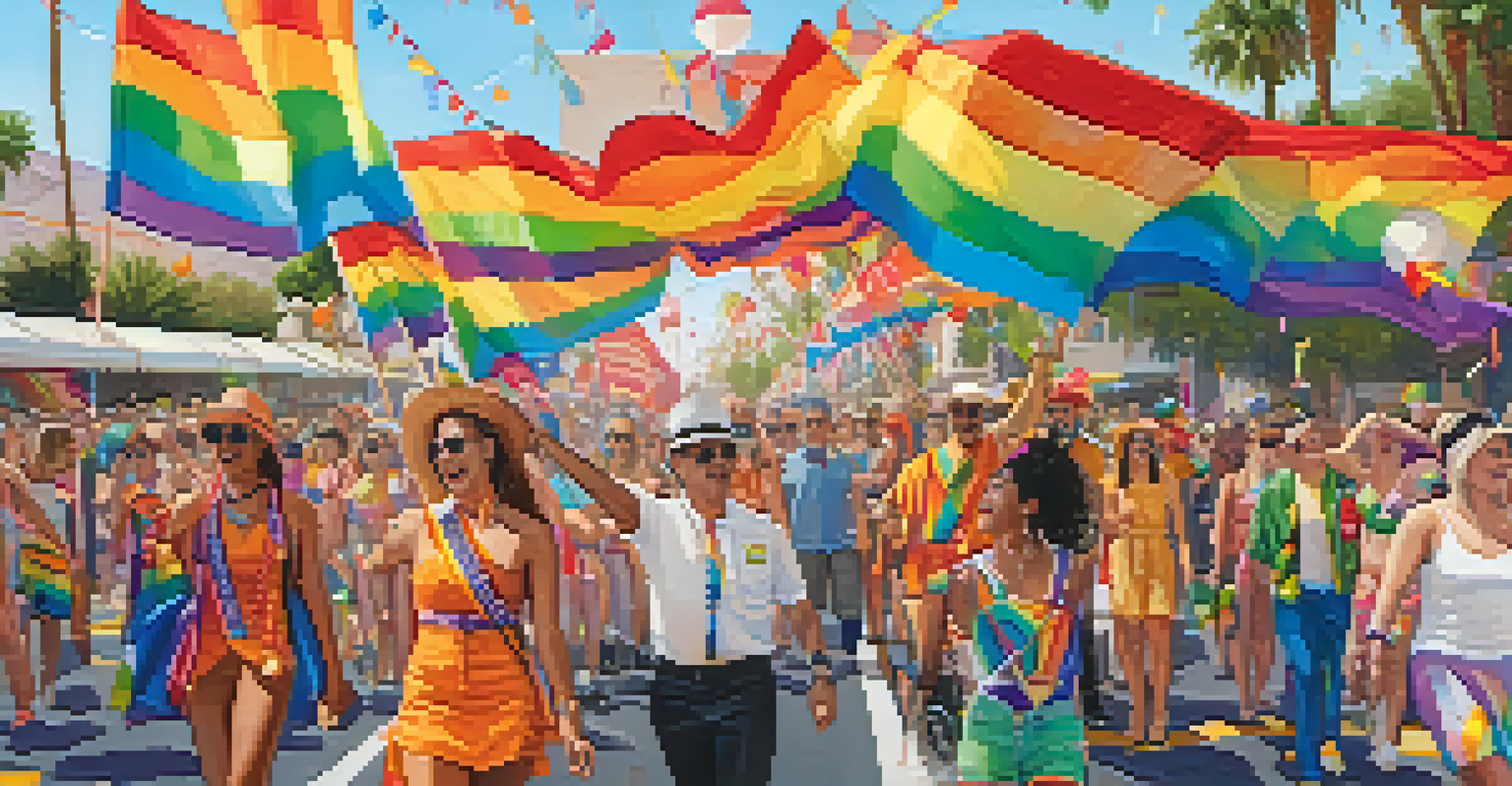 Colorful parade scene from Palm Springs Pride, showcasing participants in vibrant costumes and rainbow flags.
