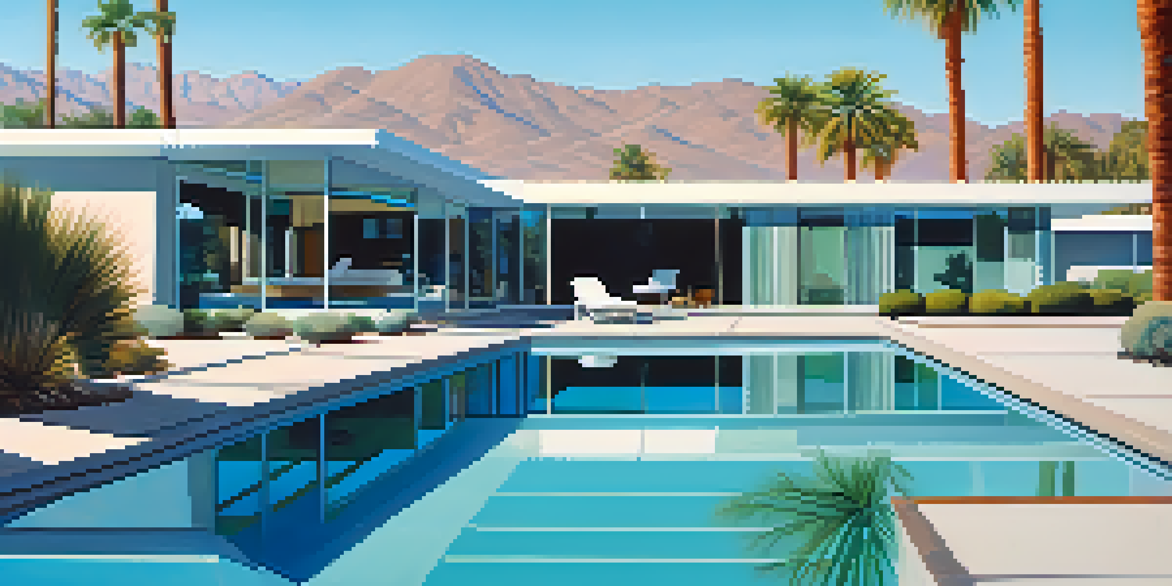 A mid-century modern pool with glass tiles, surrounded by desert landscaping and a minimalist home in the background.